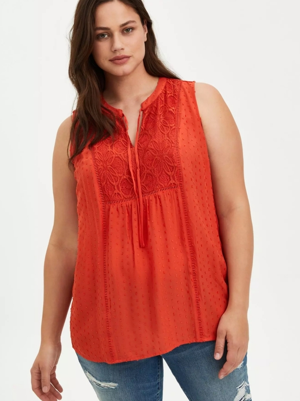 TORRID Orange Swiss Dot Crochet Knotch Neck Sleeveless Top Summer Flowy 3X